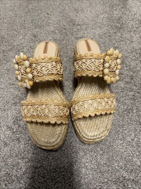 Sam Edelman Raffia Slide Sandals with Beaded Buckles - Cream & Gold